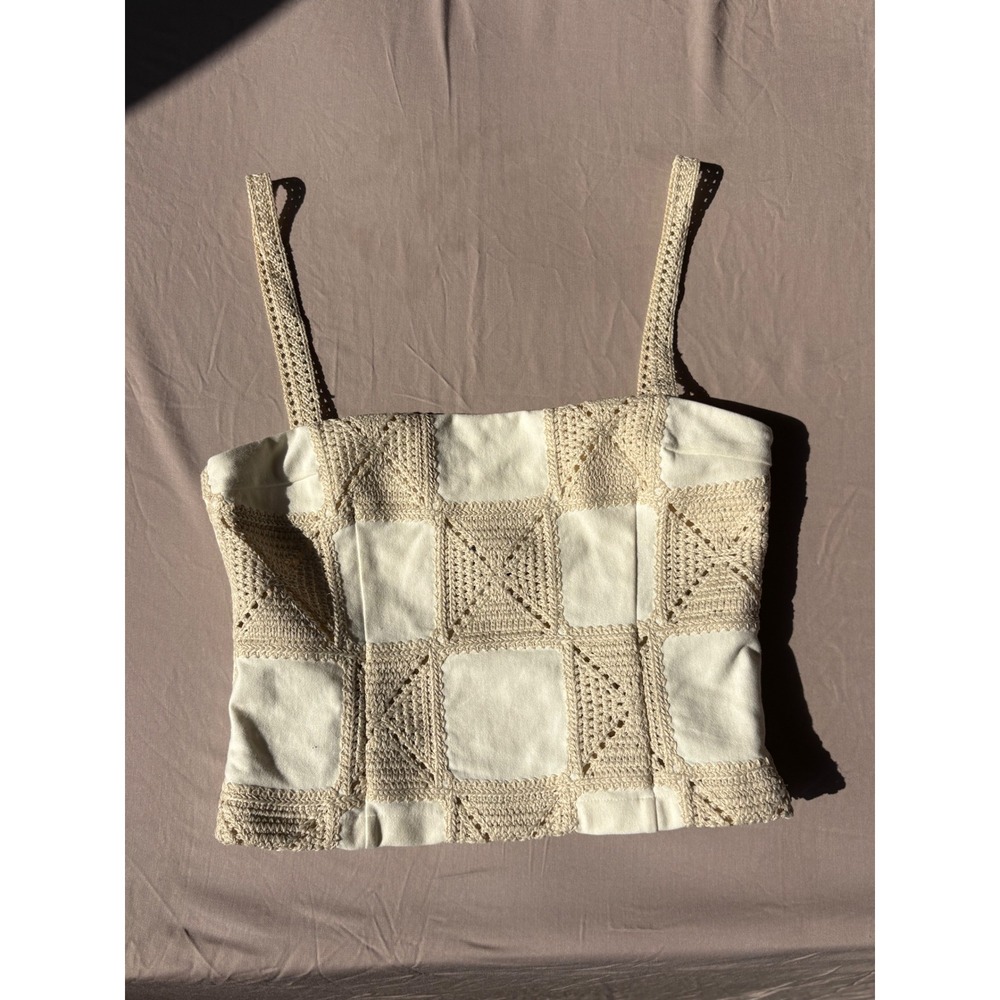 Zara Boho Crochet Patchwork Camisole Top Cream Beige Square Neck Summer Tank
